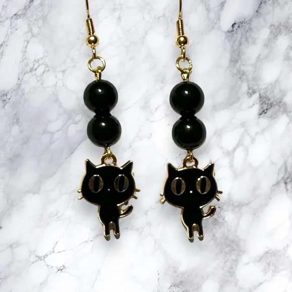 Hand Crafted Earring Cats Obsidian Kitty Black Dangle Pierced - Picture 6 of 8